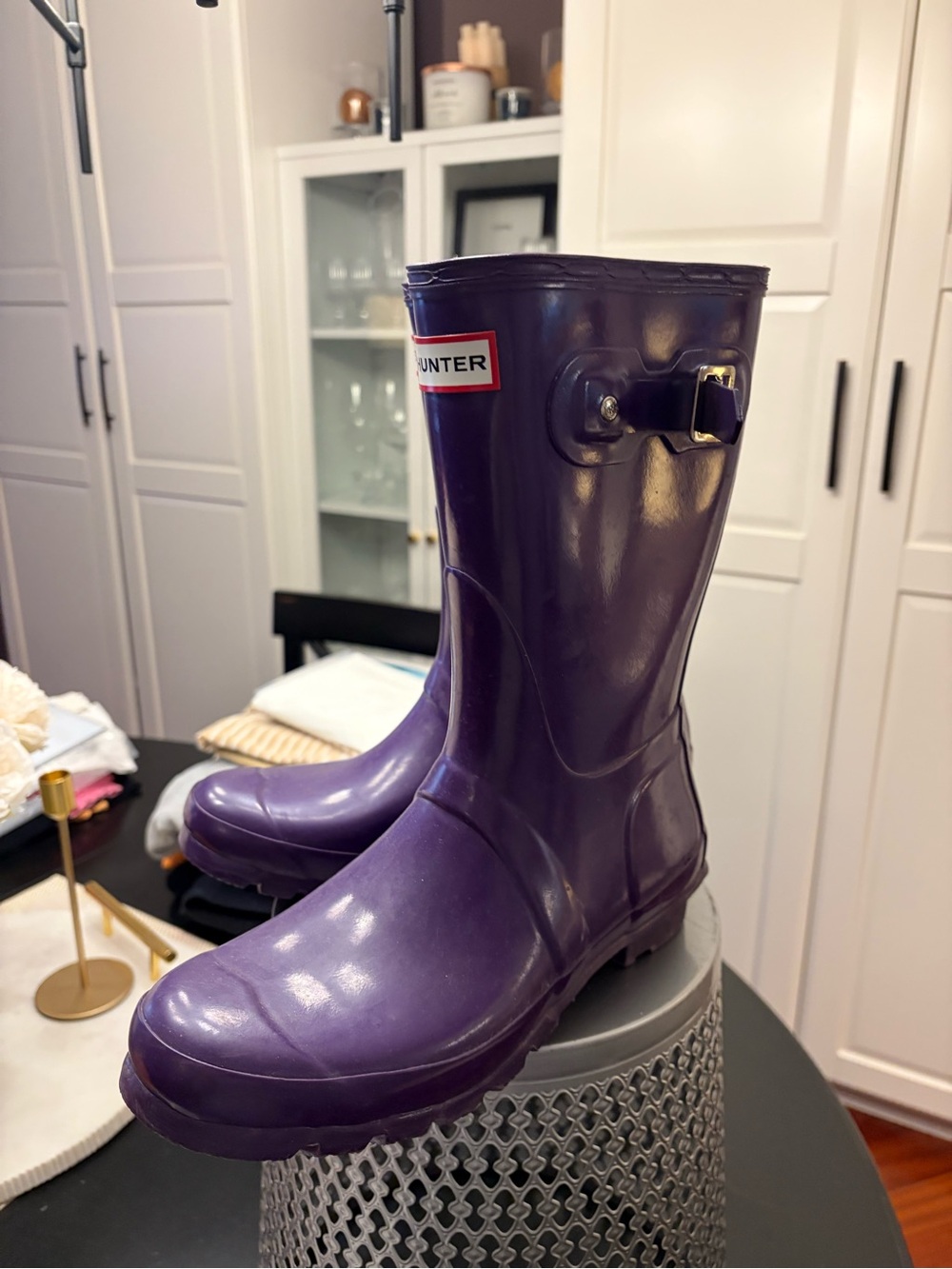Hunter Purple Mid-Calf Gloss Rain Boots with Side Buckle